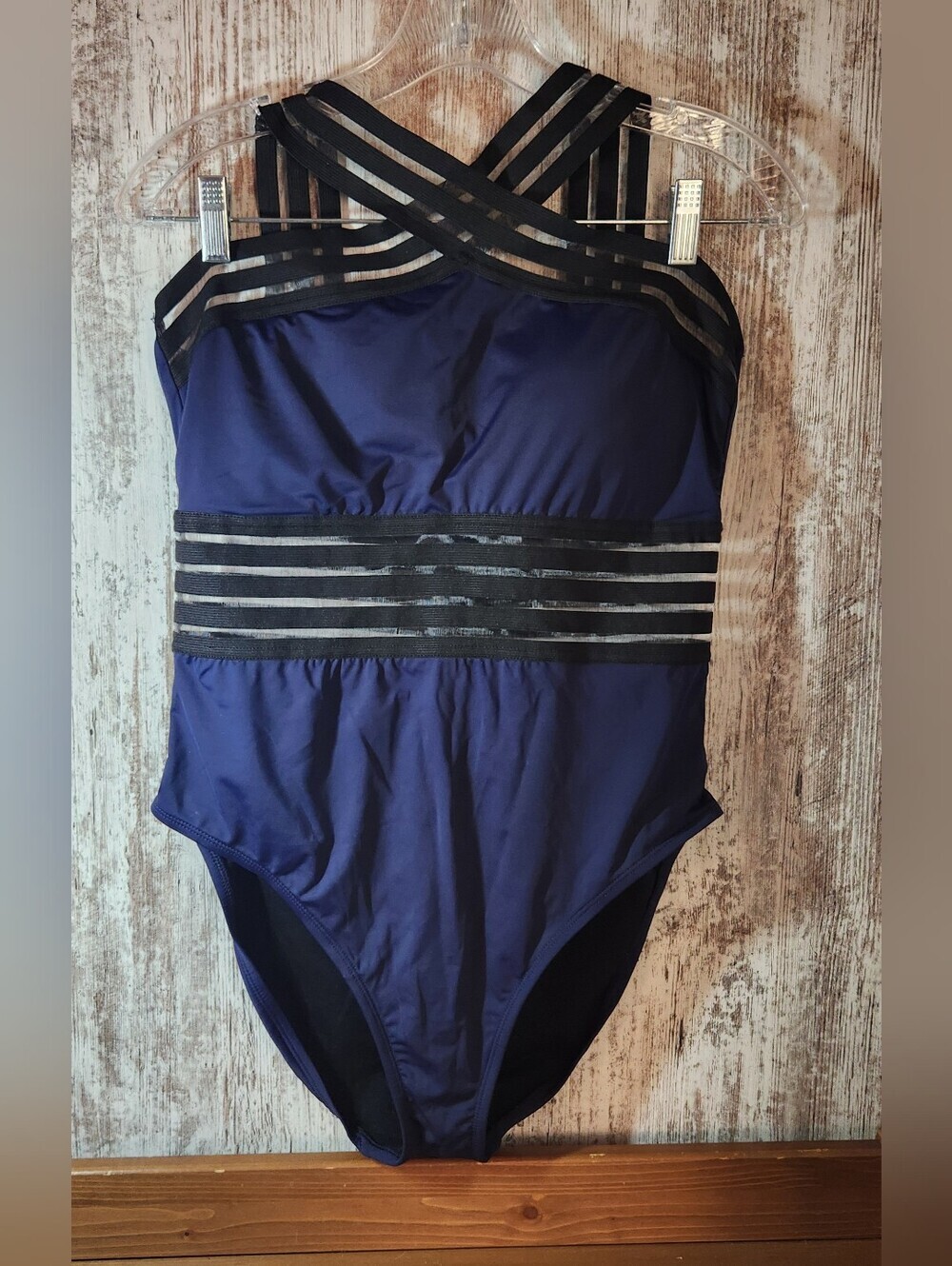 Hilor Women's One Piece Swimsuit Front Crossover Navy & Black Size Large 10/12